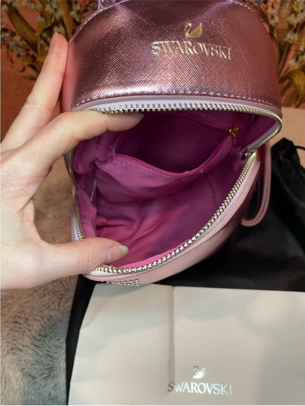 Swarovski Metallic Rose Pink Mini Backpack with Crystal Logo LIKE NEW
